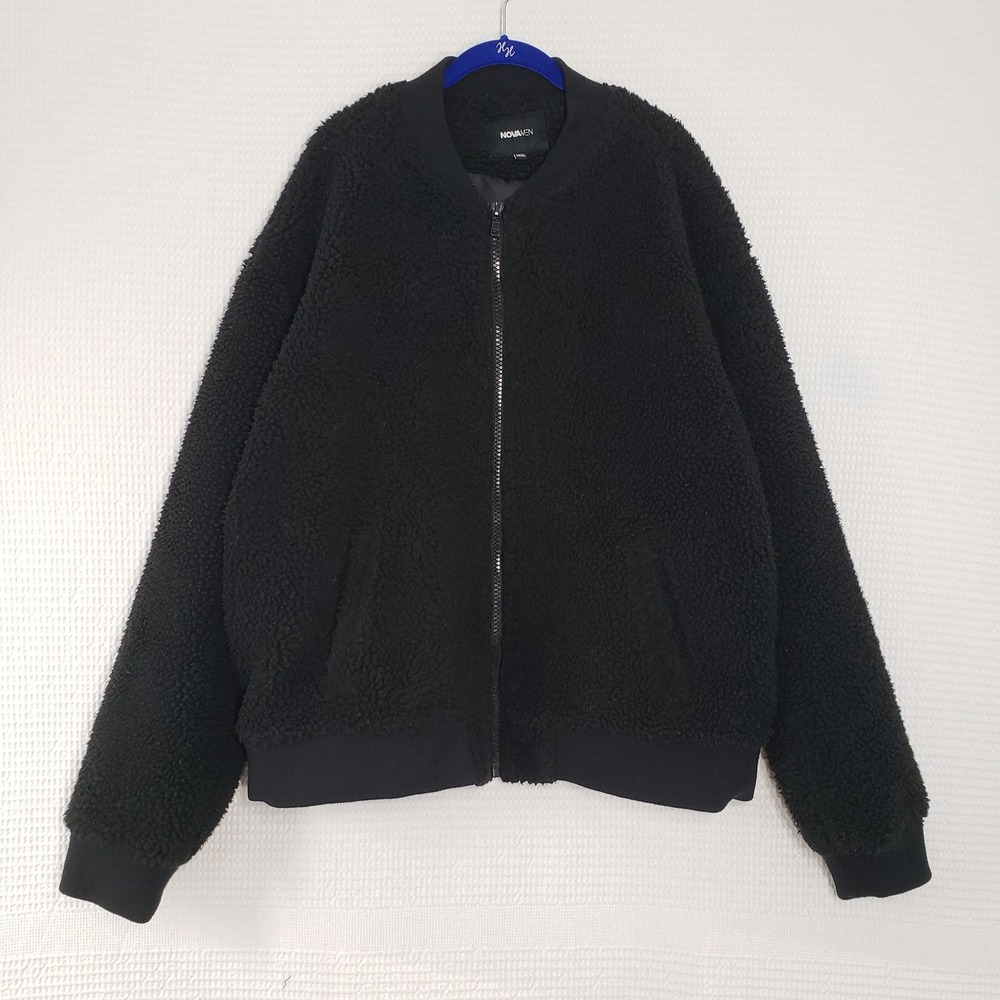 Fashion Nova NOVAMEN Sherpa Bomber Jacket Mens XXXL Black Fuzzy Full Zip Fleece